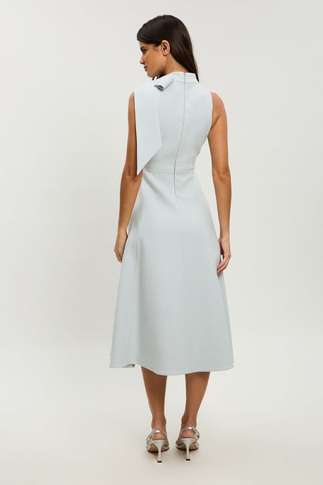 Petite Compact Stretch Bow Tie Neck Full Skirted Midi Dress - Image 3