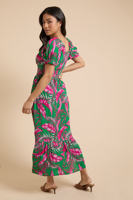 Petite Palm Shirred Waist Tiered Hem Midi Dress - Image 3