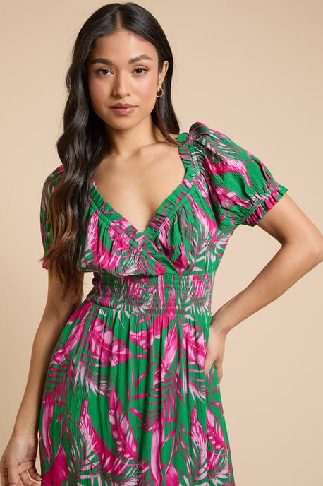 Petite Palm Shirred Waist Tiered Hem Midi Dress - Image 4