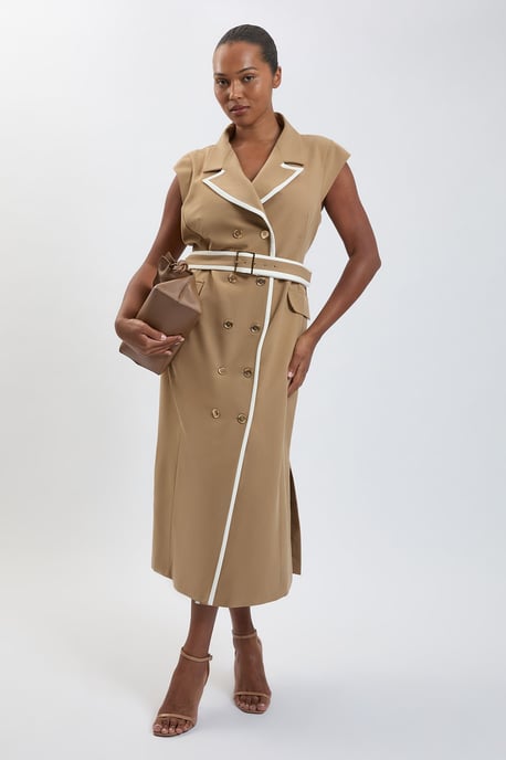 Plus Size Double Breasted Belted Tipped Tailored Midi Dress - Image 1