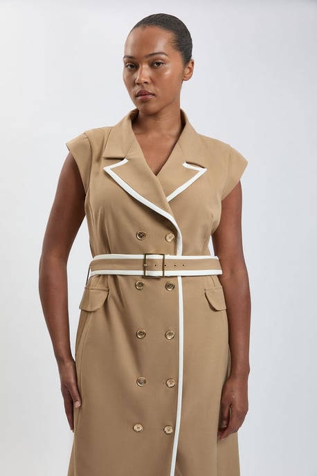 Plus Size Double Breasted Belted Tipped Tailored Midi Dress - Image 2