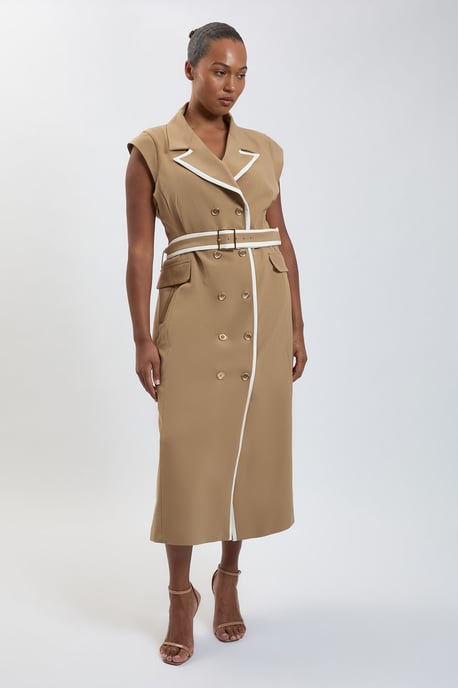 Plus Size Double Breasted Belted Tipped Tailored Midi Dress - Image 4