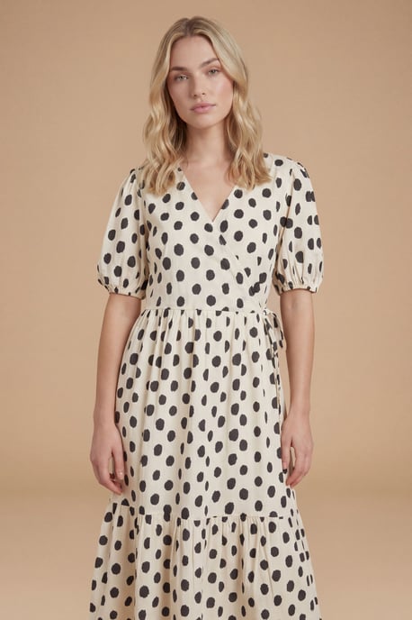 Mono Spot Wrap Front Puff Sleeve Tiered Maxi Dress - Image 3