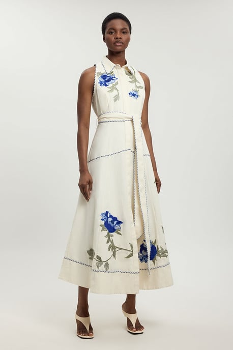 Floral Applique Belted Midi Dress - Image 1