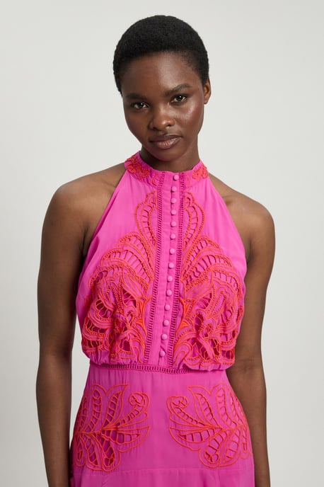 Georgette Placed Cutwork Halter Woven Midi Dress - Image 2