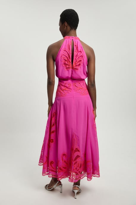 Georgette Placed Cutwork Halter Woven Midi Dress - Image 3