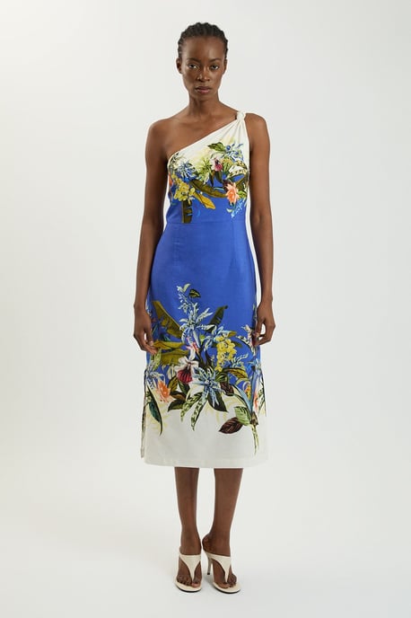 Placement Print Linen Viscose One Shoulder Midi Dress - Image 1
