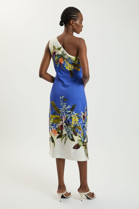 Placement Print Linen Viscose One Shoulder Midi Dress - Image 3