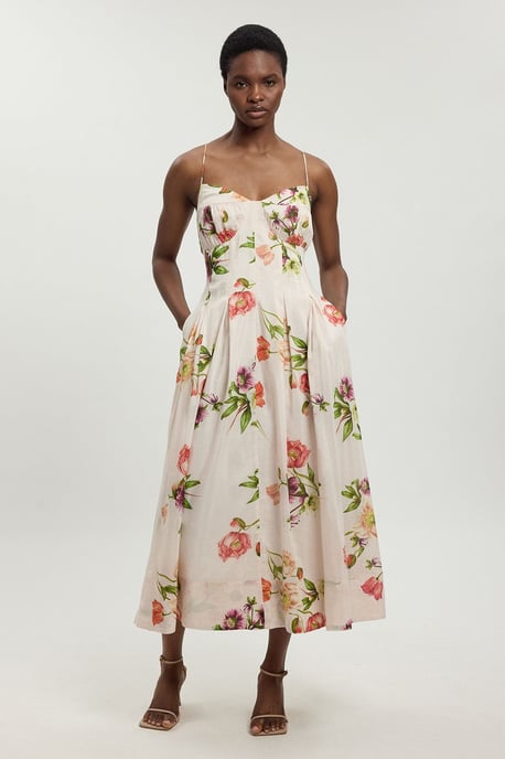 Silk Cotton Floral Strappy Midi Dress - Image 1