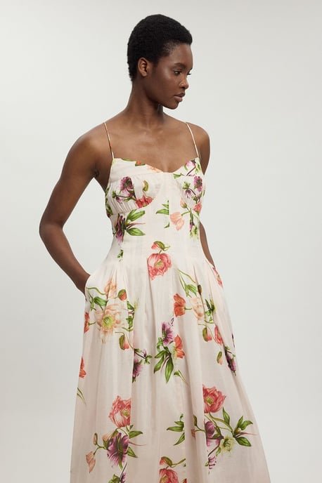 Silk Cotton Floral Strappy Midi Dress - Image 2