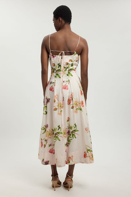 Silk Cotton Floral Strappy Midi Dress - Image 3