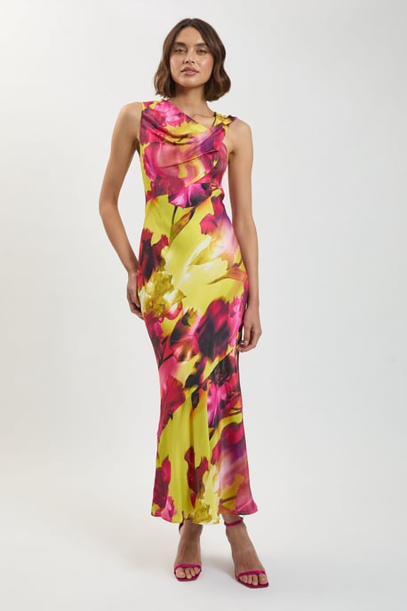 Viscose Satin Floral Print Asymmetric Shoulder Maxi Dress - Image 1