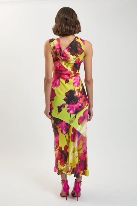 Viscose Satin Floral Print Asymmetric Shoulder Maxi Dress - Image 3