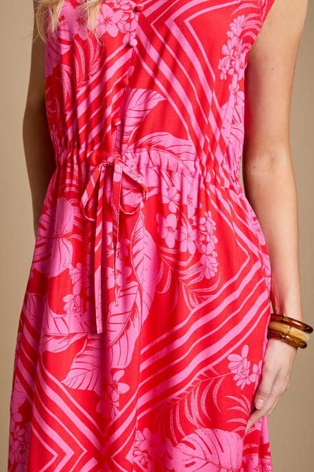 Pink Tropical Sleeveless Drawstring Waist Tiered Maxi Dress - Image 2