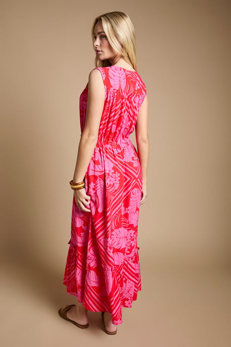 Pink Tropical Sleeveless Drawstring Waist Tiered Maxi Dress - Image 3