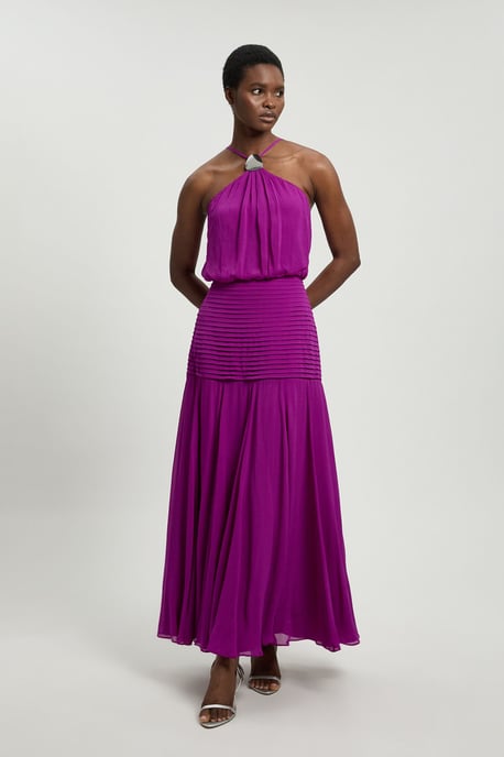 Viscose Georgette Drop Hem Woven Halter Neck Maxi Dress - Image 1