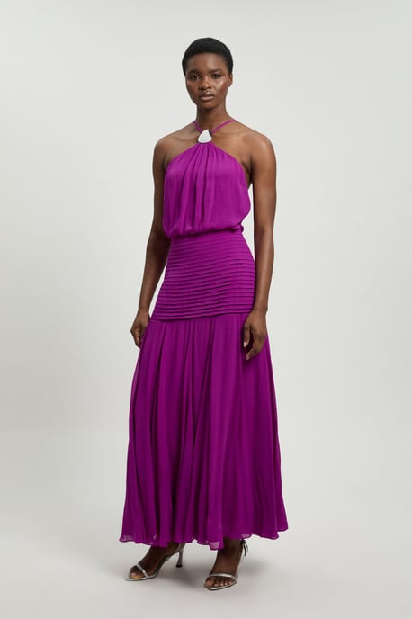 Viscose Georgette Drop Hem Woven Halter Neck Maxi Dress - Image 4