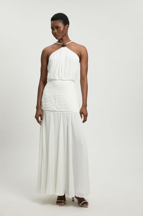Viscose Georgette Drop Hem Woven Halter Neck Maxi Dress - Image 1