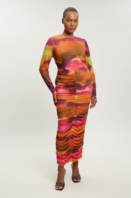 Plus Size Marbled Print Mesh Ruched Maxi Dress - Image 1