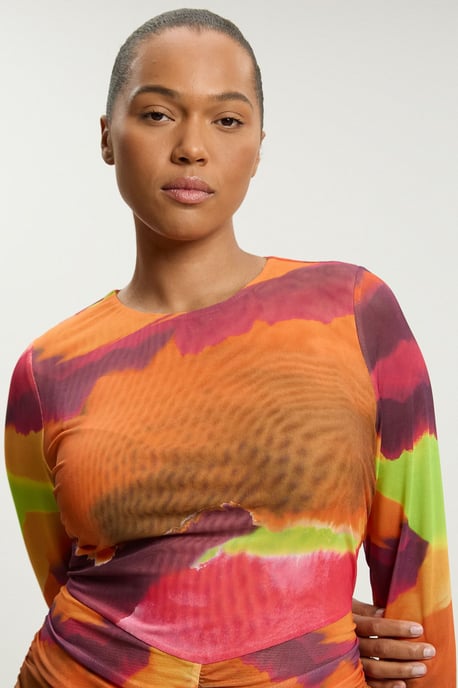 Plus Size Marbled Print Mesh Ruched Maxi Dress - Image 2