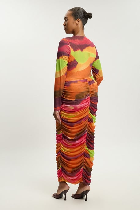 Plus Size Marbled Print Mesh Ruched Maxi Dress - Image 3