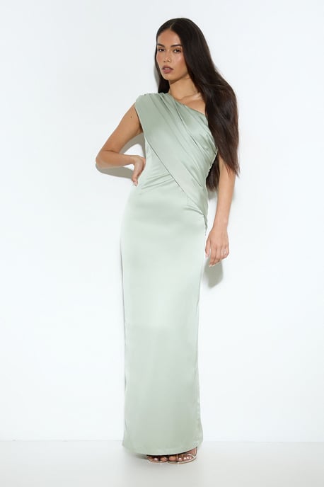 Draped Neckline Satin Bridesmaid Maxi Dress - Image 1