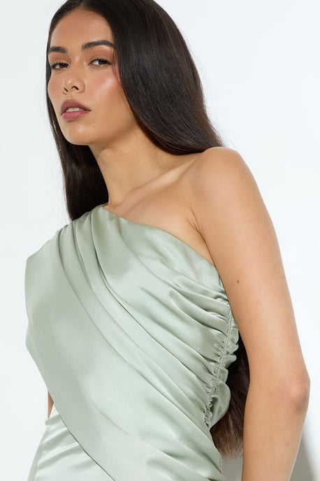 Draped Neckline Satin Bridesmaid Maxi Dress - Image 4