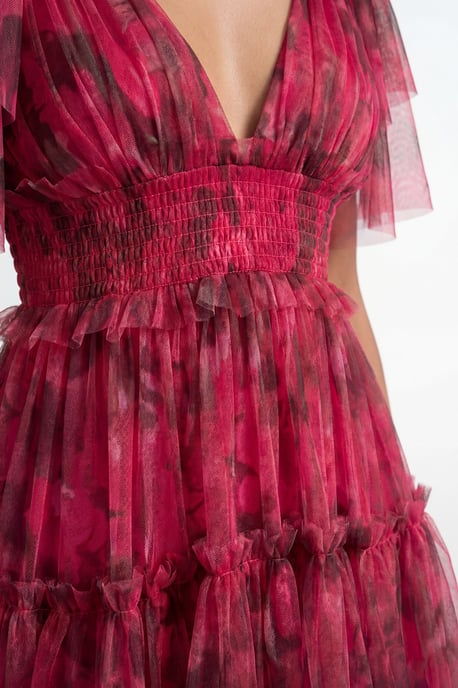Tulle Floral Plunge Neck Flutter Sleeve Tier Maxi Dress - Image 3