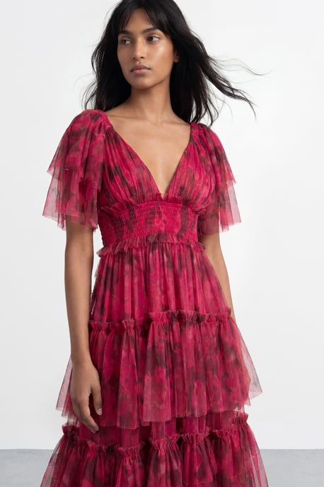 Tulle Floral Plunge Neck Flutter Sleeve Tier Maxi Dress - Image 4