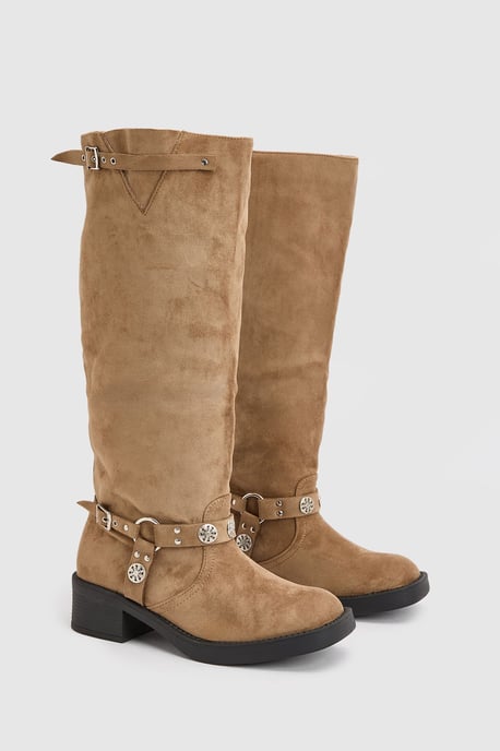 Wide Fit Western Style Buckle Detail Knee High Boots - Image 3