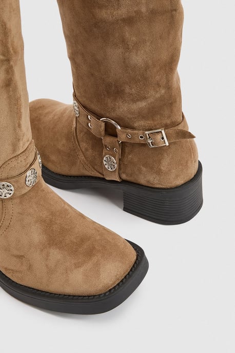 Wide Fit Western Style Buckle Detail Knee High Boots - Image 5