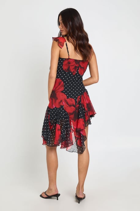 Chiffon Floral Ruffle Detail Asymmetric Midi Dress - Image 2