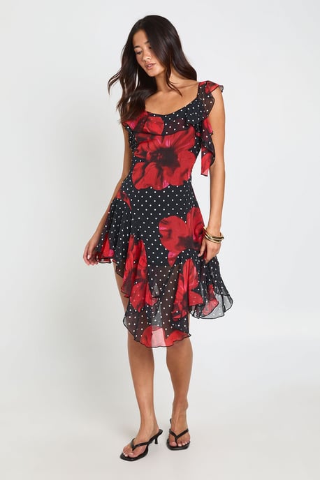 Chiffon Floral Ruffle Detail Asymmetric Midi Dress - Image 3