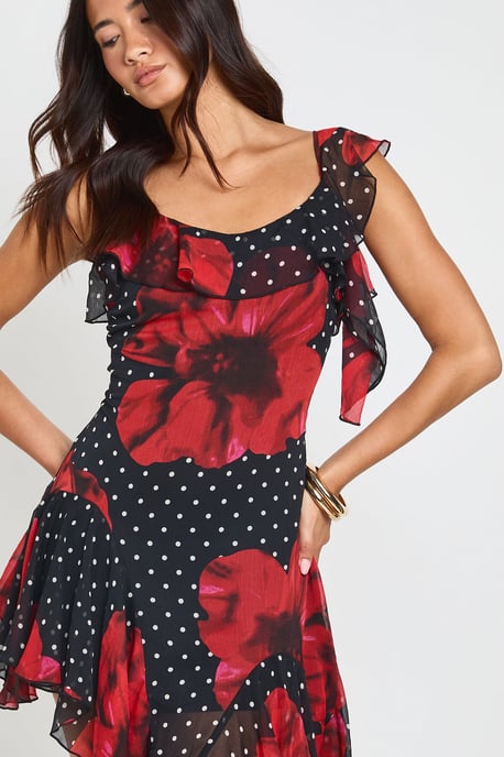 Chiffon Floral Ruffle Detail Asymmetric Midi Dress - Image 4
