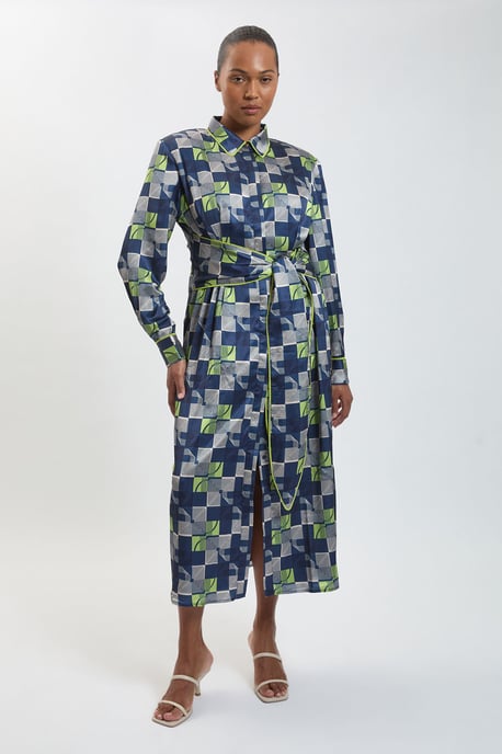 Plus Size Geo Print Hammered Satin Tie Waist Woven Midi Dress - Image 1
