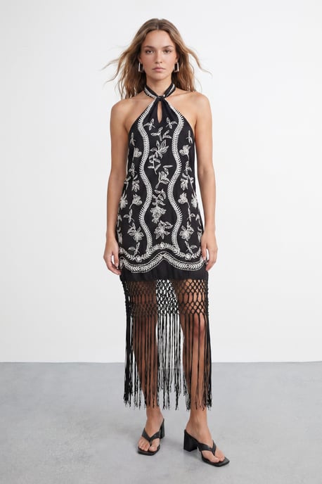 Petite Embroidered Fringe Mini Dress - Image 1