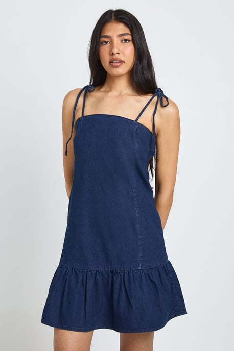 Tall Strappy Dropped Hem Denim Mini Dress - Image 3