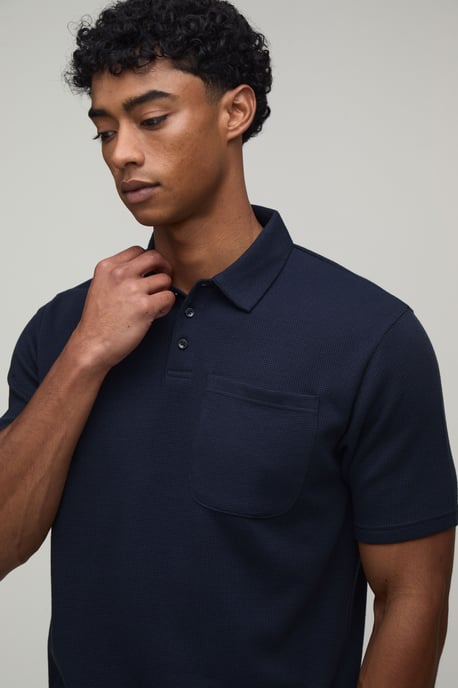 Regular Fit Waffle Button Neck Pocket Polo & Shorts Set - Image 3