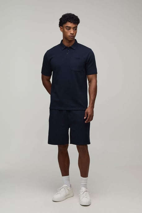 Regular Fit Waffle Button Neck Pocket Polo & Shorts Set - Image 4