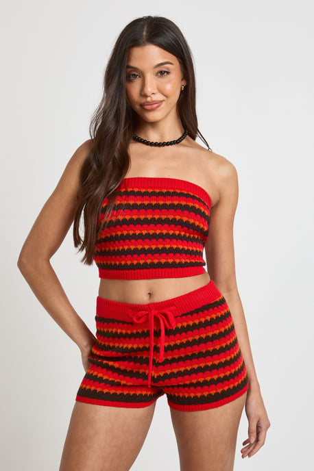 Crochet Wave Stripe Bandeau Knitted Top and Mini Short Co-Ord - Image 1