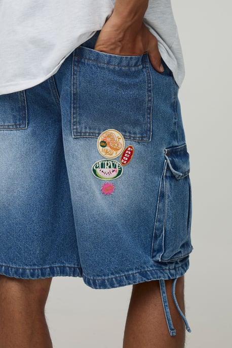 Baggy Applique Cargo Denim Shorts - Image 3