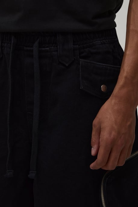 Elasticated Waist Parachute Extended Drawcord Cargo Denim Jorts - Image 3