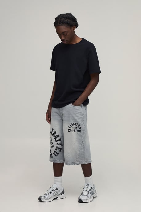 Longline Varsity Print Contrast Denim Jorts - Image 4