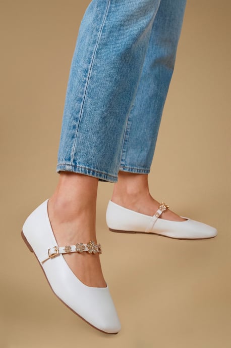 Jem Faux Leather Flower Brooch Detail MaryJane Ballet Pumps - Image 1