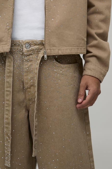 Washed Relaxed Fit Belted Rhinestone Denim Jorts - Image 3