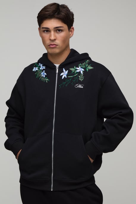 Oversized Boxy Floral Embroidered Zip Through Hoodie - Image 1