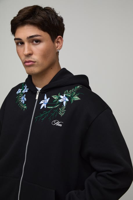 Oversized Boxy Floral Embroidered Zip Through Hoodie - Image 3