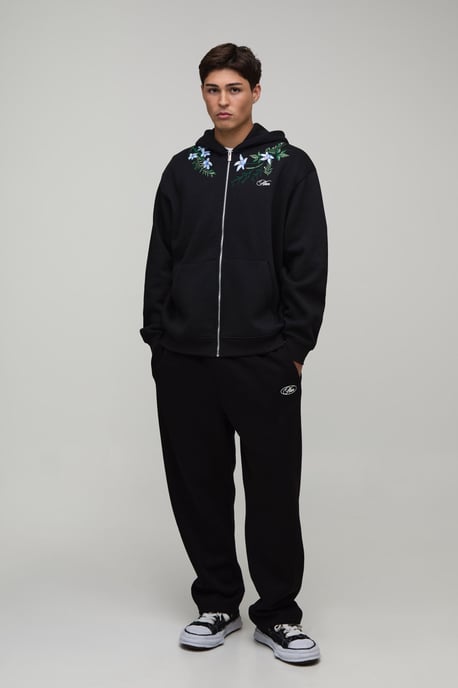 Oversized Boxy Floral Embroidered Zip Through Hoodie - Image 4