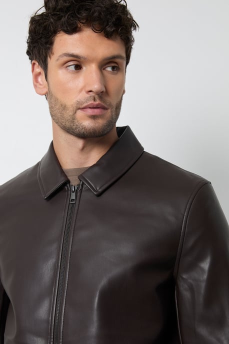 Dark Brown Faux Leather Zip Up Jacket - Image 2