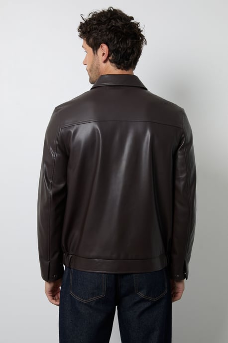 Dark Brown Faux Leather Zip Up Jacket - Image 3